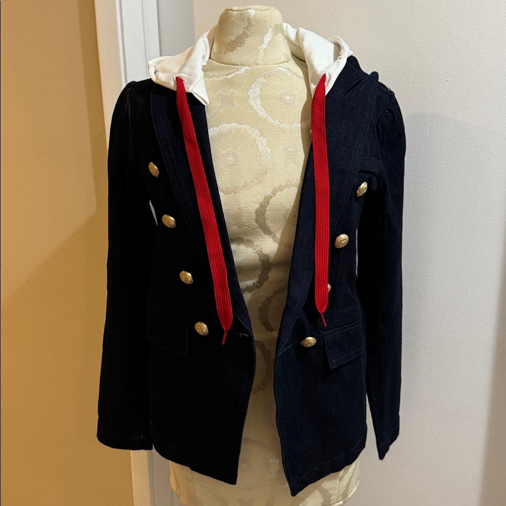 Miller Wendt Removable Hood Rio Denim Goldtone Button Pockets Blazer Jacket XS